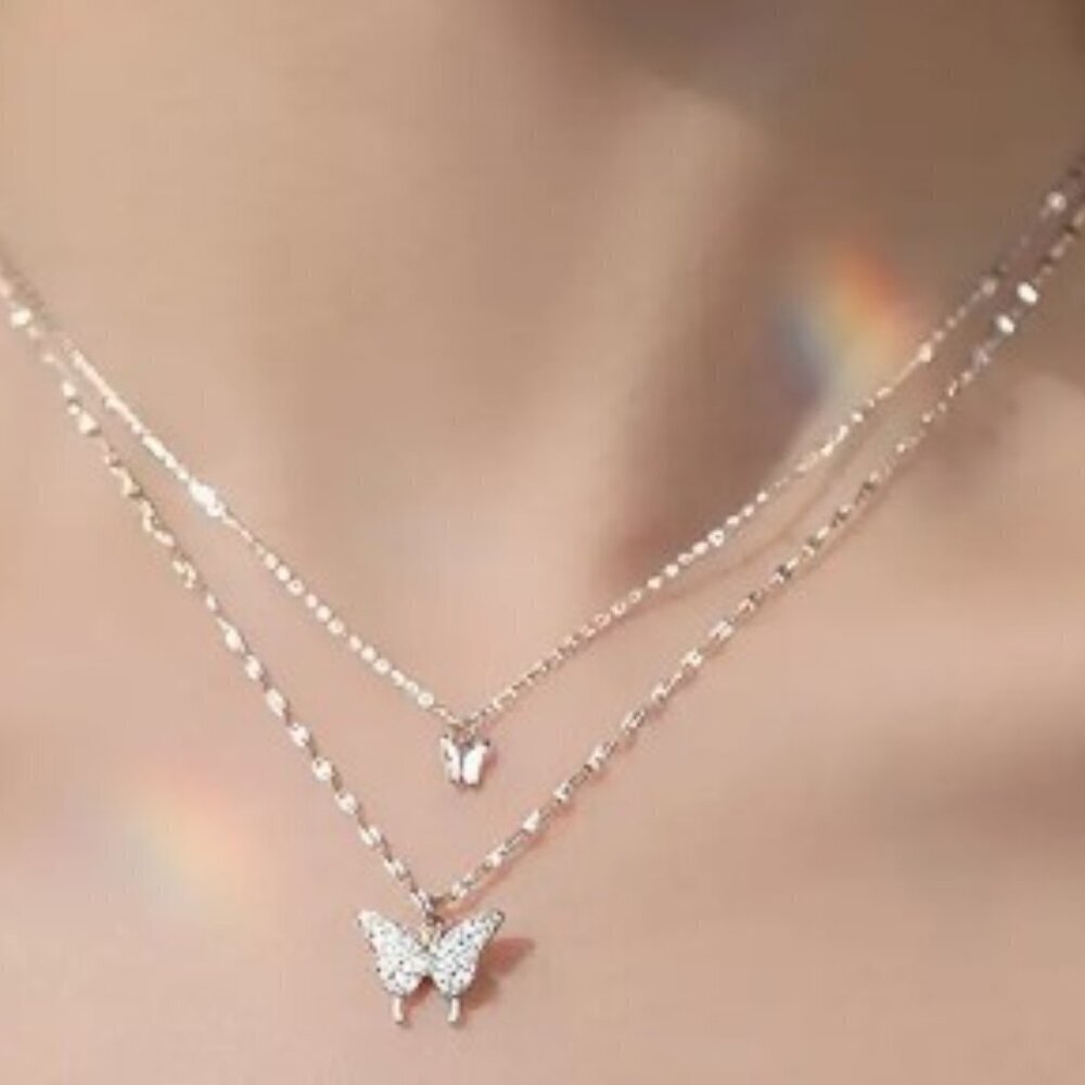Double-Layered Butterfly Pendant Necklace Sparkling Rhinestones Minimalist